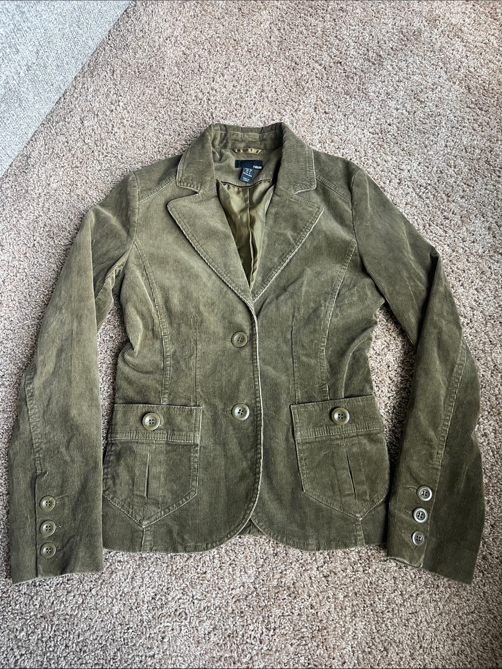 H&M Olive Green Corduroy Blazer Jacket Size 8